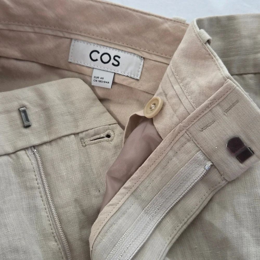 COS Linen Trousers Women 48 Beige Straight Leg Lined Pants Office Preppy Minimal